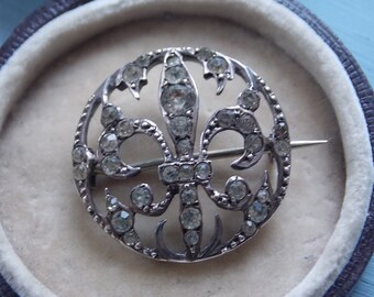 Vintage Victorian French Silver Diamond Paste Brooch Pin Fleur De Lis  LOVELY