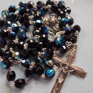 Aurora Black Blue Rosary Necklace Beads-GORGEOUS