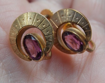 Vintage Rolled Gold Amethyst Glass Engraved Clip Earrings LOVELY