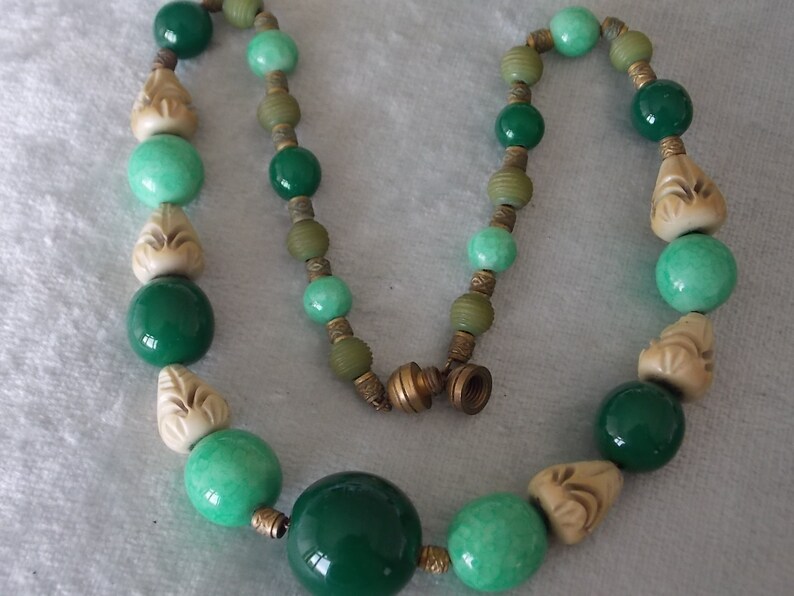 Art Deco Louis Rousselet Green Glass Galalith Beads Necklace FRANCE