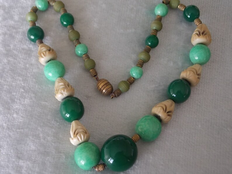 Art Deco  Louis Rousselet Green Glass Galalith Beads Necklace FRANCE