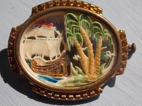 Vintage Celluloid French Galleon Palm Trees Ocean… - image 3