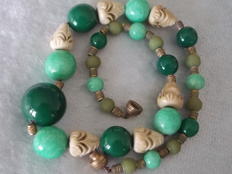 Art Deco Louis Rousselet Green Glass Galalith Beads Necklace FRANCE