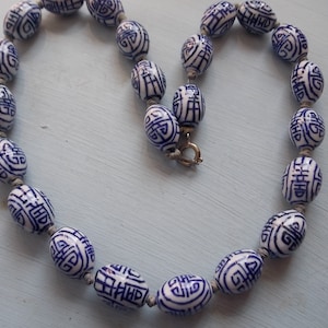 Vintage Chinese Painted Character Beads Blue White