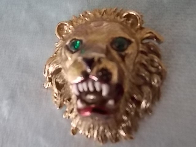 Vintage Big Cat Brooch Pin  Enamel Green Eyes Signed  HUGE
