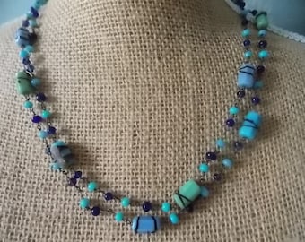 Vintage Art Deco Czech Blue Green  Glass Necklace  LONG