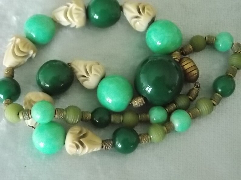 Art Deco Louis Rousselet Green Glass Galalith Beads Necklace FRANCE