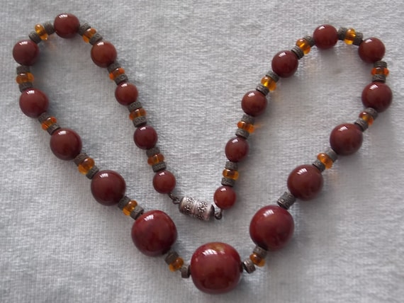 French Amber Glass Bead Louis Rousselet Necklace G