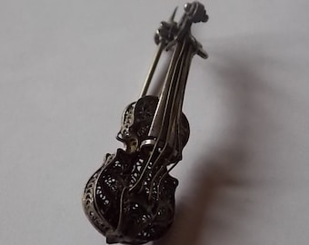 Antique Victorian Silver Sweetheart Violin Filigree Brooch Pin FABULOUS