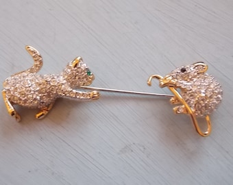 Cat Mouse Rhinestone Two Part Brooch Pin CUTE