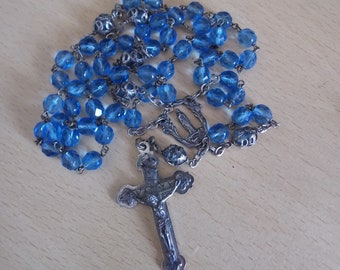 Vintage rosary Beads Necklace Blue Glass Crystal  Silver Balls PRETTY