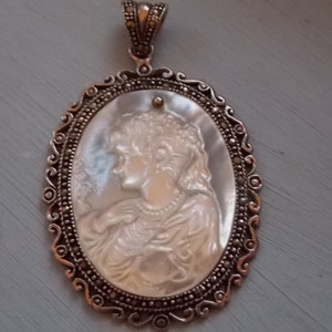 Beautiful Silver Mother Of Pearl Marcasite Cameo Pendant HUGE