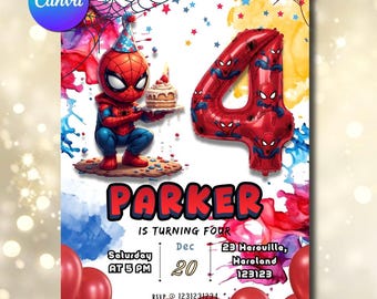 Spiderman 4th Birthday Invitation, Superhero Party Canva Editable Template