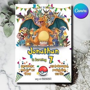 Op de afbeelding: Een verjaardagsuitnodiging met een cartoon thema, met een grote oranje Charizard en andere personages. De uitnodiging bevat de tekst "Happy Birthday" en "Jonathan wordt 7". De datum, tijd en locatie zijn ook inbegrepen.