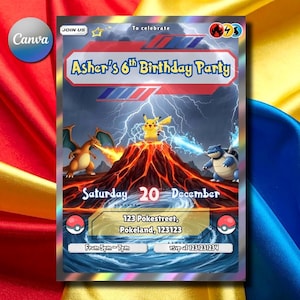 Könnte beinhalten: Eine Geburtstagseinladung mit farbenfrohem Design, die den Text "Asher's 6th Birthday Party" zeigt. Die Einladung enthält Illustrationen von Zeichentrickfiguren, einen Vulkan und das Datum: Samstag, 20. Dezember. Adresse und RSVP-Informationen sind ebenfalls enthalten.
