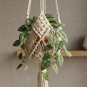 Peut inclure: Un macramé crème, de forme diamant, contenant une plante en pot aux feuilles vertes et argentées. Le porte-plante est suspendu à une corde beige, créant une esthétique bohème. Les feuilles de la plante retombent vers le bas.