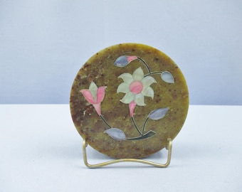 Round Soap Stone Covered Vanity Box with Inlaid Mother of Pearl Floral Designs