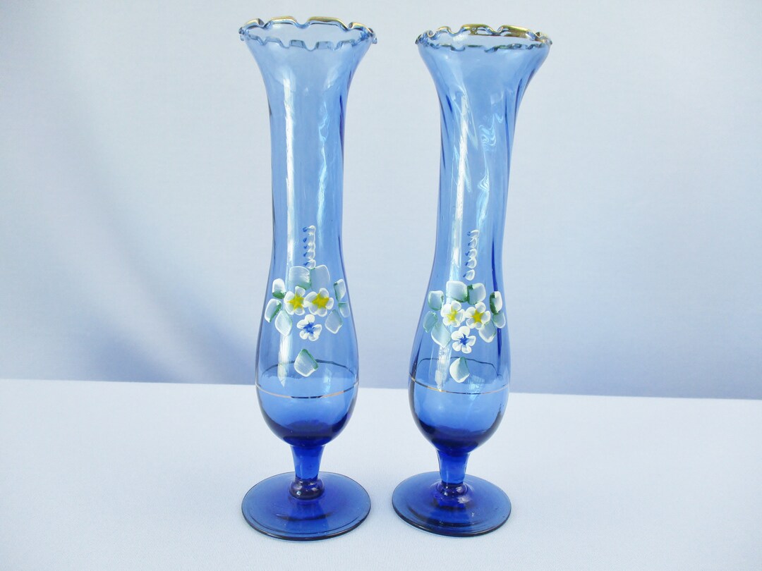Vintage Pair Blue Glass Bud Vases With Hand Painted Floral Displays