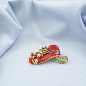 Red Hat Brooches Rhinestone Enameled Flowers and Ribbons #11