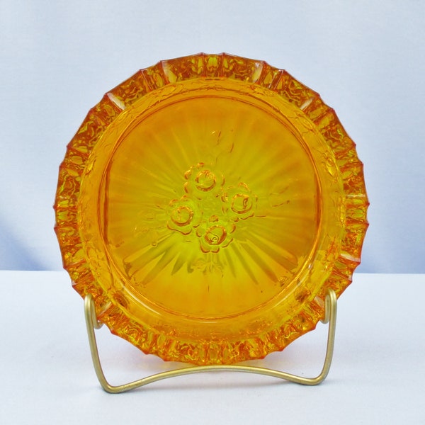 L.E. Smith Glass Large Orange Ashtray Raised Relief Roses Pattern