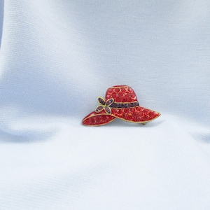 Red Hat Brooches Rhinestone Enameled Flowers and Ribbons #17