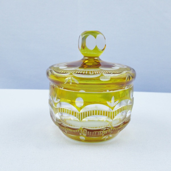 Vintage Yellow Crystal Etched to Clear Covered Vanity Box CHIPPED