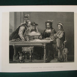 Vintage &quot;Columbus Planning the Discovery of America&quot; Engraving/Etchings 1800&#39;s