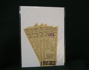 May include: A set of five vintage paper transit tickets for the Potrero Ave. Line of the Municipal Railway of San Francisco. The tickets are beige with black text and a purple stamp that reads "IN OUT AM."