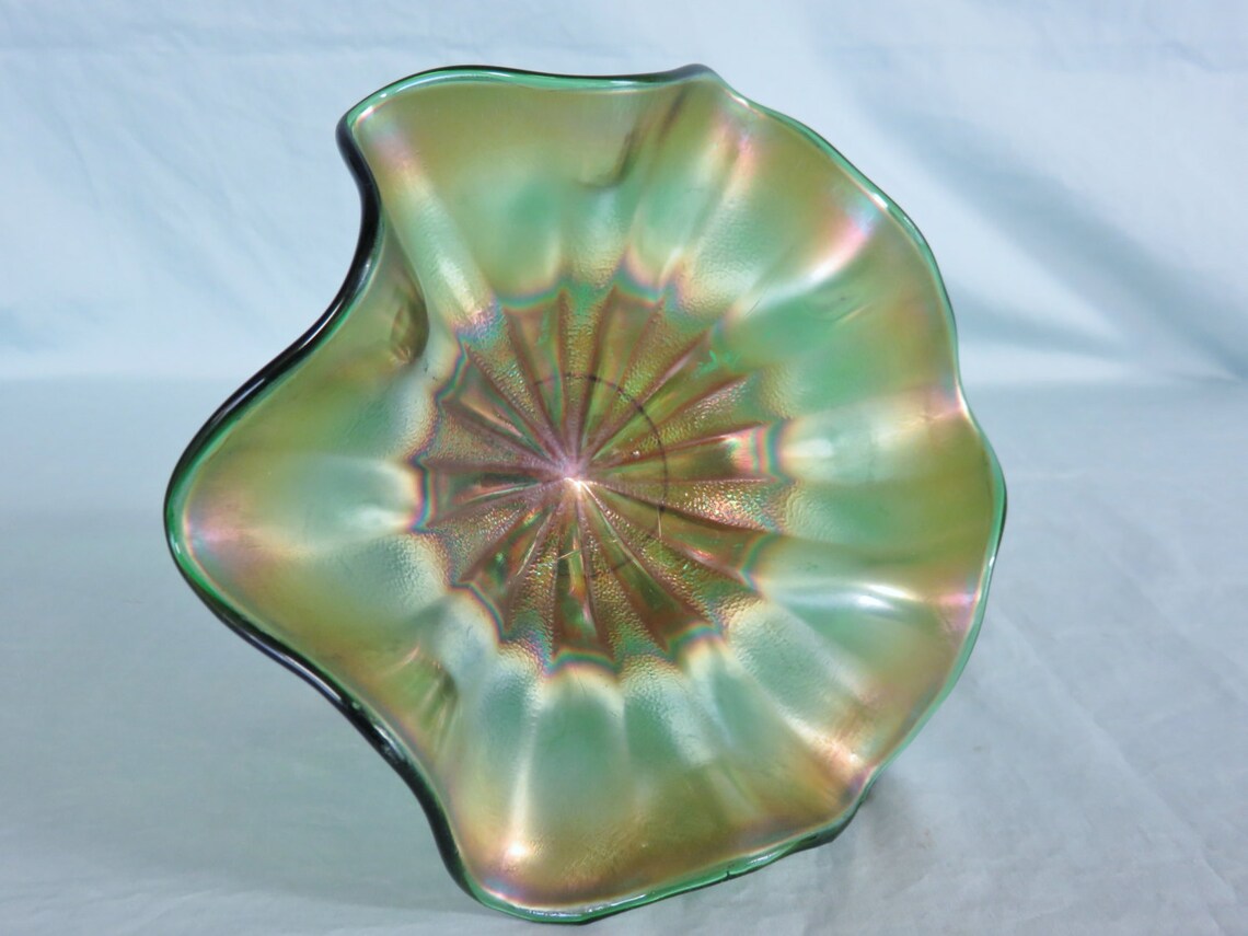 Carnival Glass Green Ruffled Pedestal Compote or Candy Dish Etsy