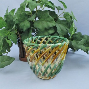 Vintage Hand Made Drip Painted Basket Weave Cache or Flower Pot