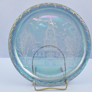 Fenton Glass Blue Iridescent Independence Hall Display Plate Carnival Glass