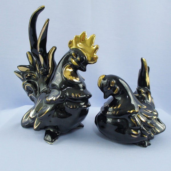 Vintage Ceramic Rooster and Hen Kay Finch LIKE in Black and Gold