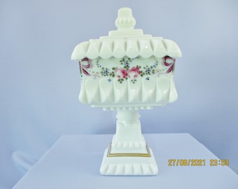 Vintage Westmoreland Opaque White Milk Glass Hand Painted Covered Candy Dish