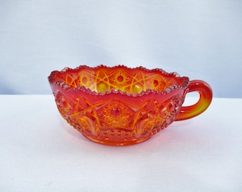 Vintage Amberina Glass Cut and Polished Handled Dish