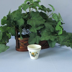 May include: A small white ceramic flower pot with a floral design. The pot is sitting on a light blue surface in front of a brown wicker basket filled with green ivy.