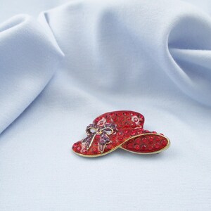 Red Hat Brooches Rhinestone Enameled Flowers and Ribbons #4