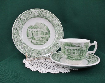 Woods & Sons Burslem England Demitasse/Espresso Cup Saucer and Dessert Plate Green and White