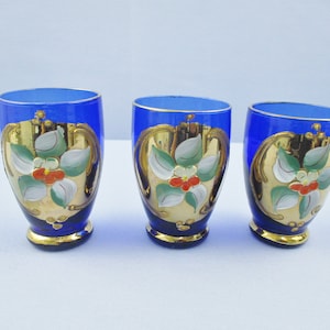 Vintage Cobalt Blue Shot Glasses HP Floral/Gold Display