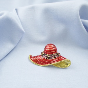 Red Hat Brooches Rhinestone Enameled Flowers and Ribbons #7