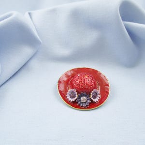 Red Hat Brooches Rhinestone Enameled Flowers and Ribbons #6