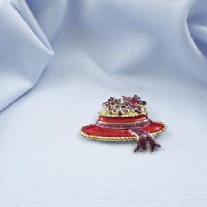 Red Hat Brooches Rhinestone Enameled Flowers and Ribbons #9