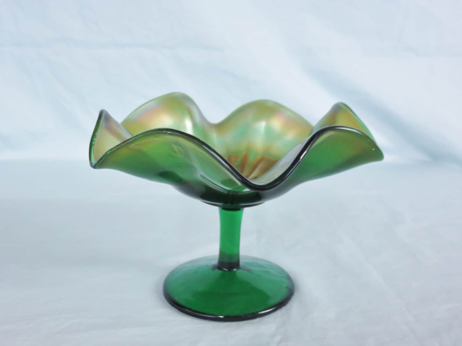 Carnival Glass Green Ruffled Pedestal Compote or Candy Dish Etsy