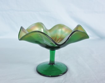 Carnival Glass Green Ruffled Pedestal Compote or Candy Dish
