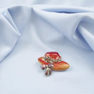 Red Hat Brooches Rhinestone Enameled Flowers and Ribbons #13