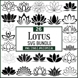 Peut inclure: Un ensemble de 26 motifs de fleurs de lotus, présentés en noir et blanc, avec des styles variés, allant des dessins au trait aux silhouettes pleines. Le texte "LOTUS SVG BUNDLE" est affiché avec les formats de fichiers.