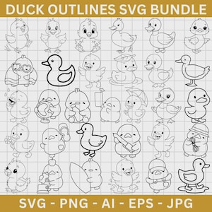 Peut inclure: Une collection d'illustrations de contours de canards en noir et blanc, dans diverses poses et styles. L'image comprend des canards avec des accessoires comme des lunettes, des chapeaux et des parapluies. Le texte "DUCK OUTLINES SVG BUNDLE" est en haut.