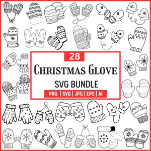 May include: A collection of 28 black and white Christmas glove designs. The image features various styles of mittens and gloves with snowflake, dot, and stripe patterns. The text "CHRISTMAS GLOVE SVG BUNDLE" is displayed in a red rectangle.