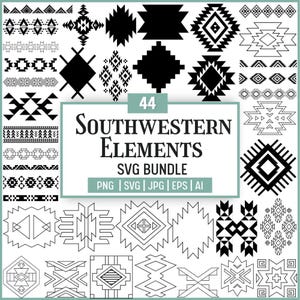 Peut inclure: Une collection de 44 éléments du Sud-Ouest en noir et blanc, comprenant des motifs et des formes géométriques. L'image comprend le texte "44 Southwestern Elements SVG Bundle" avec les formats de fichiers : PNG, SVG, JPG, EPS et AI.