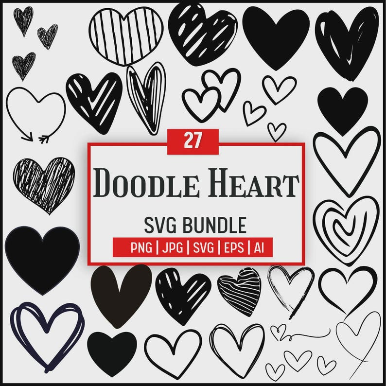 Hand Drawn Heart SVG Bundle: Doodle Sketch Valentine's Day (digital ...
