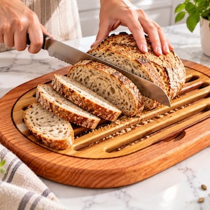 May include: An oval wooden bread cutting board with integrated horizontal slats for crumb collection. The board features a warm, natural wood grain finish and is shown with a loaf of crusty, sliced sourdough bread resting on its surface.